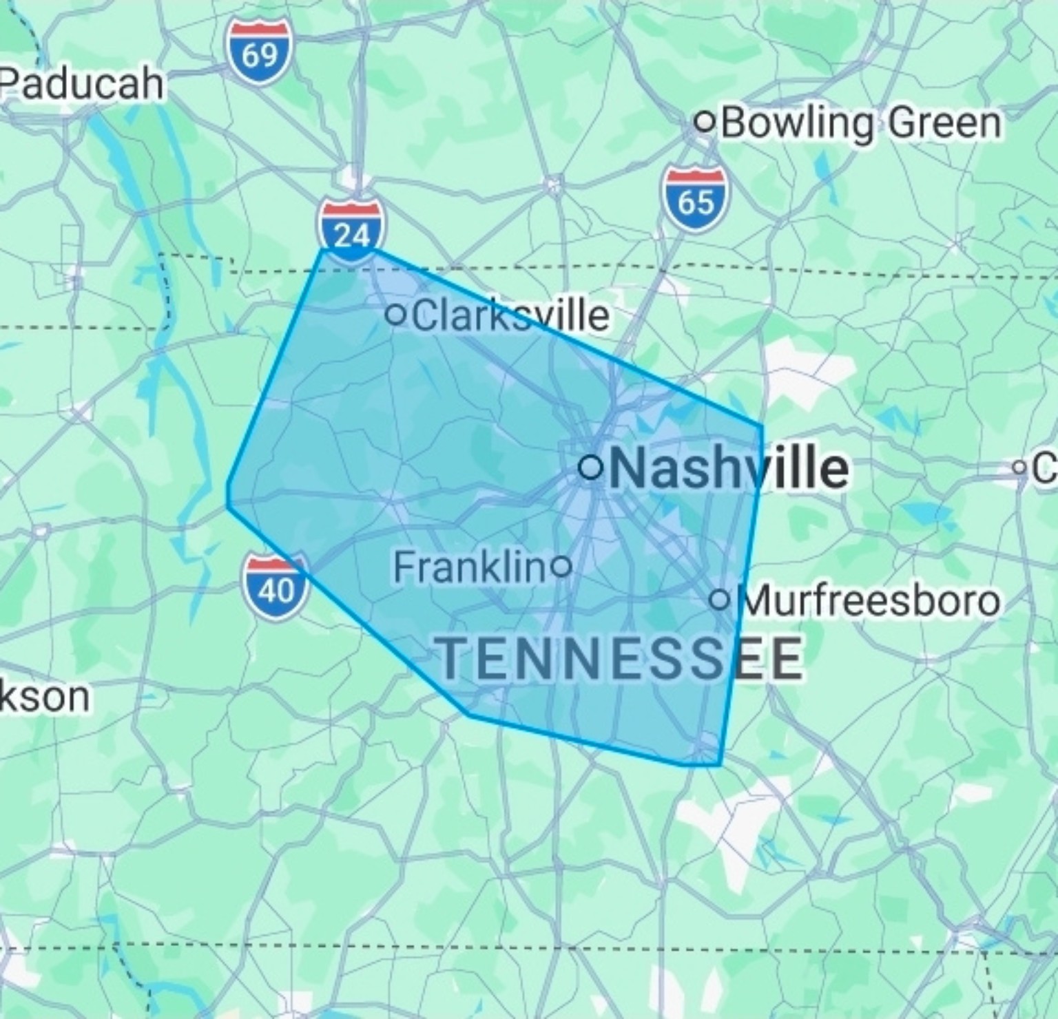 Map showing the Middle Tennessee region around Nashville and Clarksville