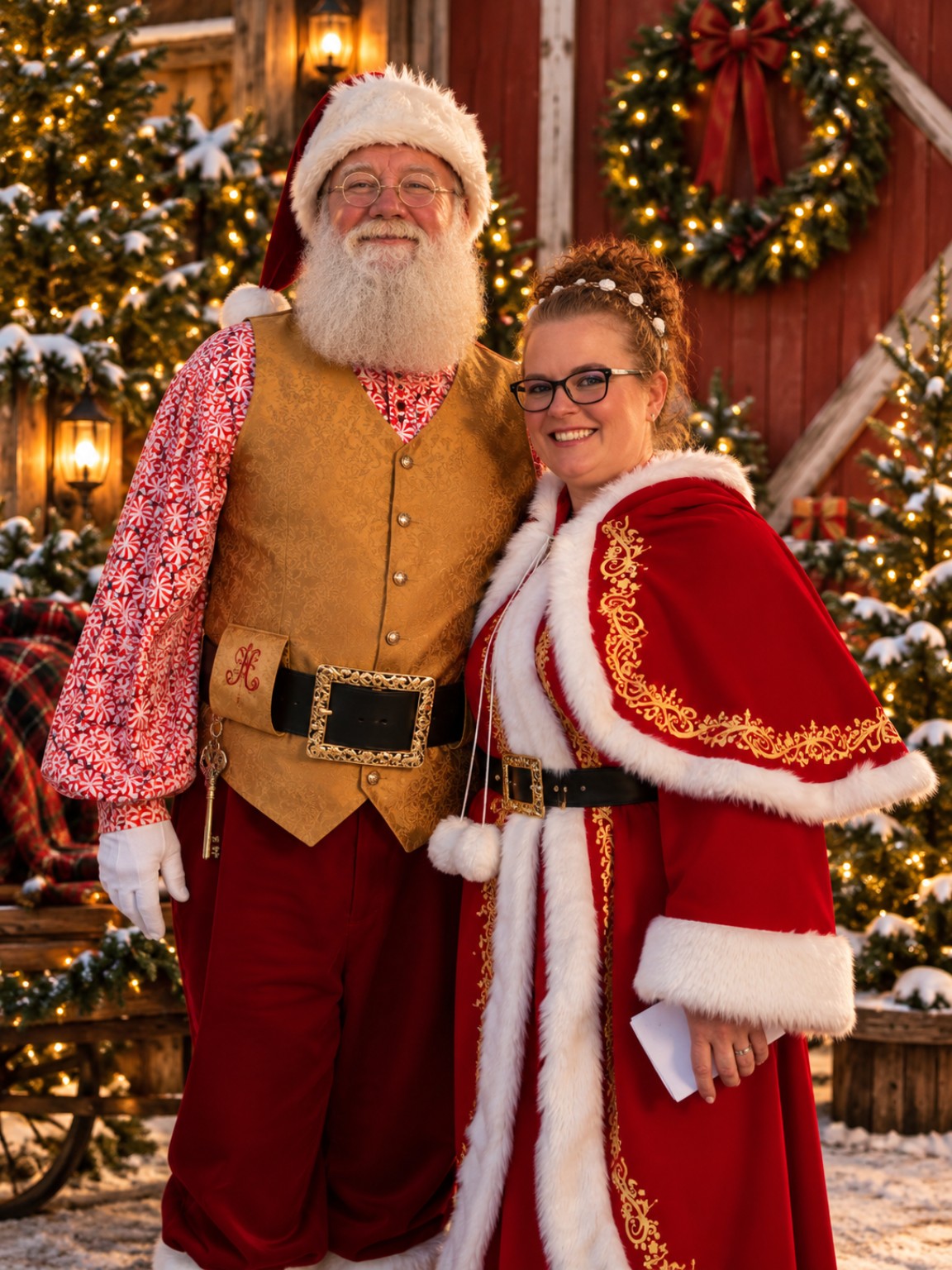 Santa Arthur and Mrs. Claus standing together in Christmas attire