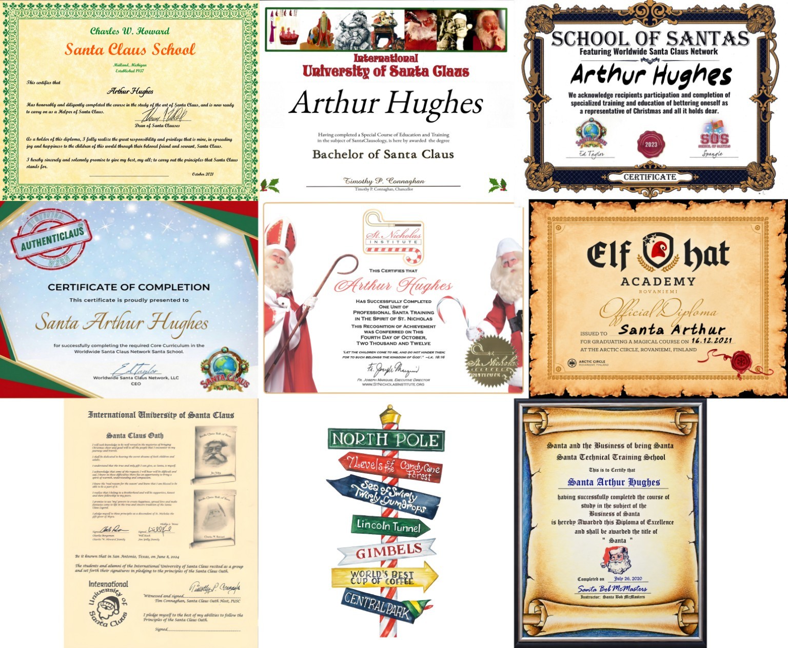 Santa Arthur’s certificates from Charles W. Howard Santa Claus School, International University of Santa Claus, School of Santas, AuthentiClaus, St. Nicholas Institute, Elf Hat Academy, and Santa and the Business of Being Santa, plus the Santa Claus Oath.