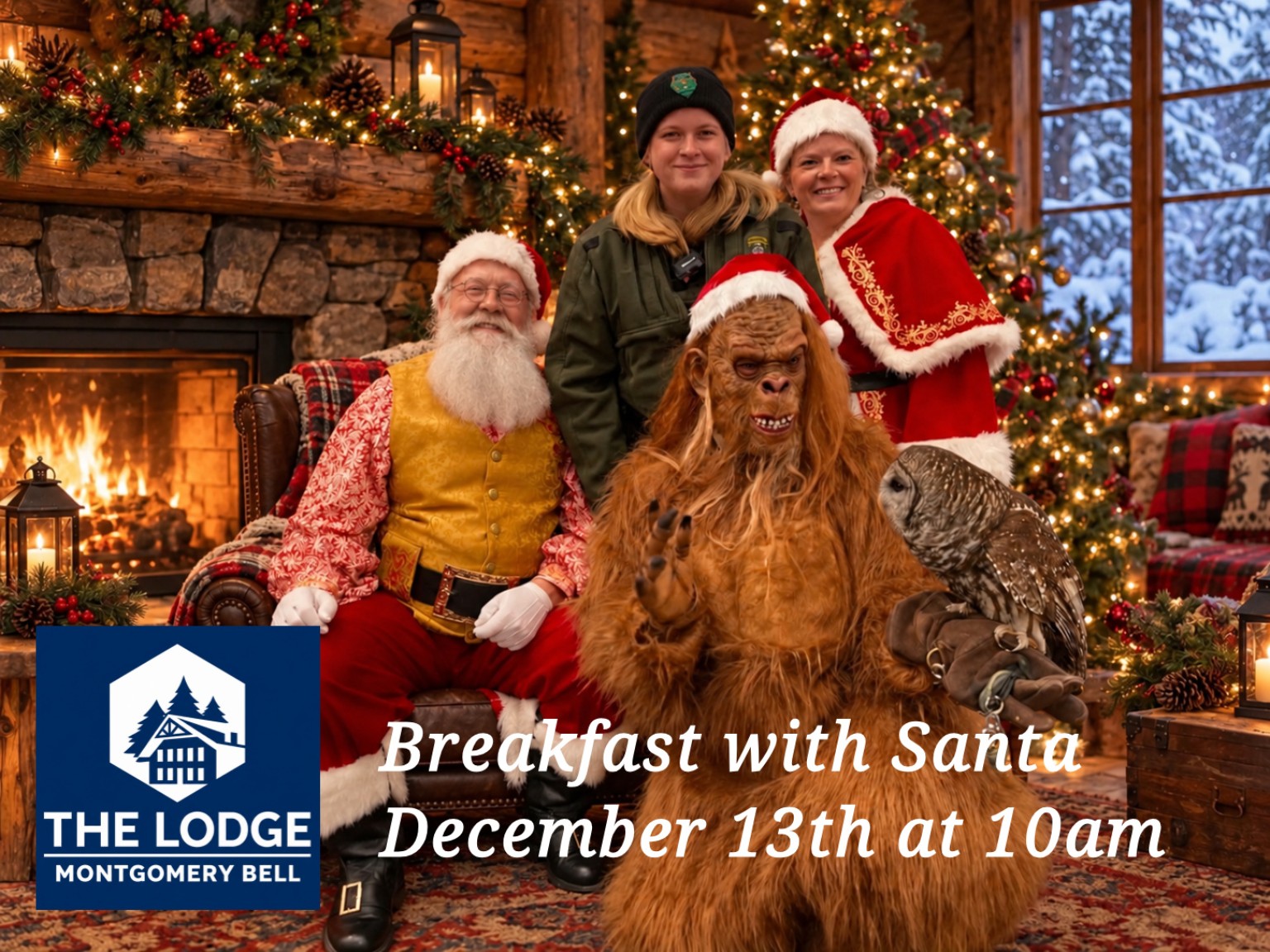 Breakfast with Santa at The Lodge, Montgomery Bell: December 13 at 10 a.m. Santa Arthur and Mrs. Claus with a park staff member, a costumed guest, and an owl in a festive lodge setting.